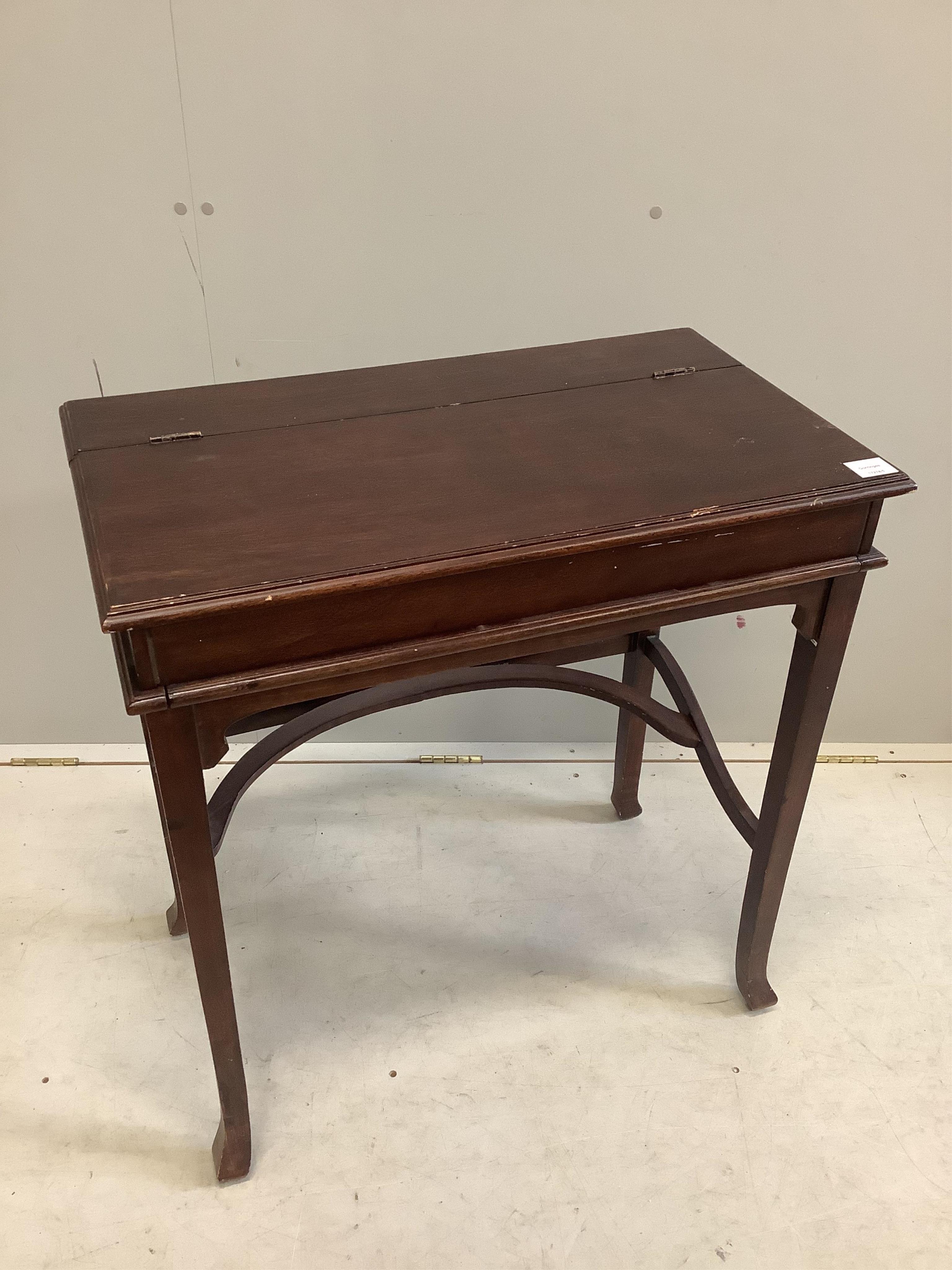 A reproduction OKA hardwood writing table, width 75cm, depth 43cm, height 80cm. Condition - fair